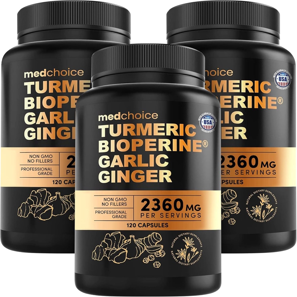 4-in-1 Gurkemeje og hvidløg Kosttilskud med BioPerine - 2360mg Gurkemeje Ingefær Root Kapsler med hvidløg - Høj potens Herbal Blend (120 ct, pakning med 3)