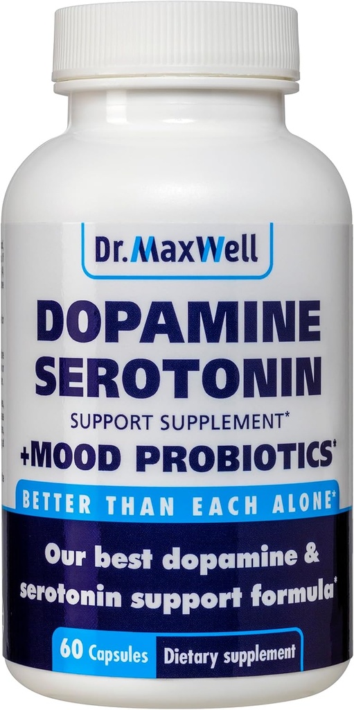 Serotonin og Dopamin Kosttilskud med Mood Probiotic, 5in1 Støtte til (1) Dopamin (2) Serotonin (3) Mood (4) Afslapning (5) Focus & Brain, 60 Kapsler