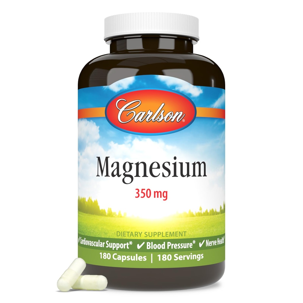 Carlson - Magnesium, 350 mg, Kardiovaskulær Support, Muskelfunktion & Nerve Sundhed, 180 kapsler