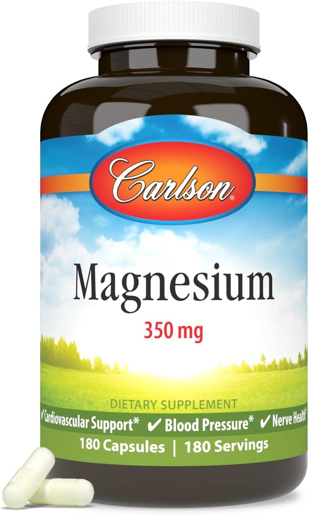 Carlson - Magnesium, 350 mg, Kardiovaskulær Support, Muskelfunktion & Nerve Sundhed, 180 kapsler