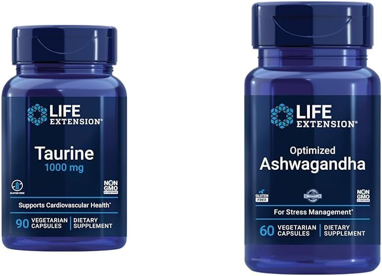 Life Extension Taurine 1000mg og Ashwagandha 60 kapsler - hjerne, hjerte, leversundhed og stress management supplement Bundle