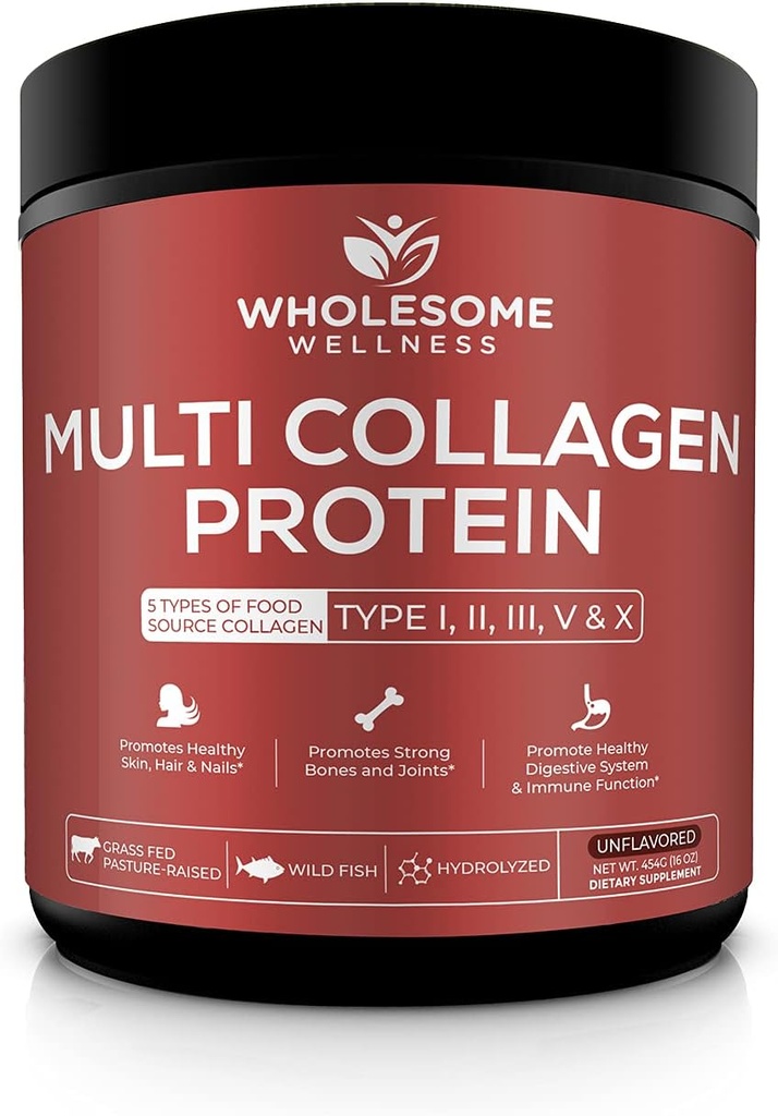 Grossome Wellness Multi Collagen Protein Powder Hydrolyzed (Type I II III V X) Grass- Fed All- in- One Super Bone Broth + Peptider - Premium Blend of Beef, Kylling, Wild Fish, Eggshell, 58 Serveringer