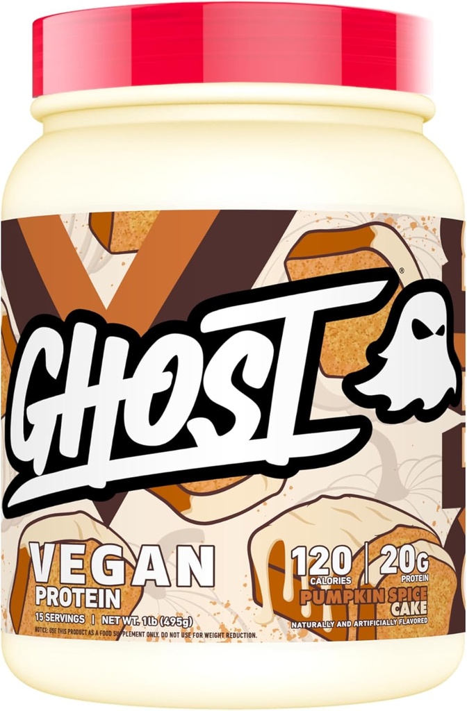 GHOST Vegan Protein Powder, Pumpkin Spice Cake - 1LB Tub, 20G af Protein - Plant-baserede Pea, Organic Pumpkin & Watermelon Seed Protein Blend - Teored Post Workout Shakes - Soy & Gluten Free
