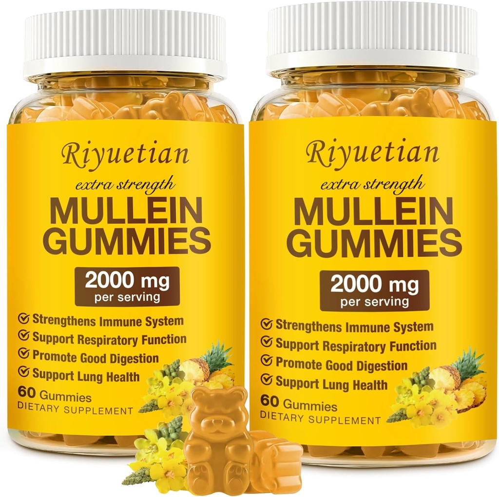 Mullein Gummies, 2000mg Organic Mullein Leaf Extract for Clear Lungs, Boost Respiratoriske & fordøjelsesfremmende, Immunbooster for voksne & børn, Allergy Friendly, Non- GMO, 120 Gummies