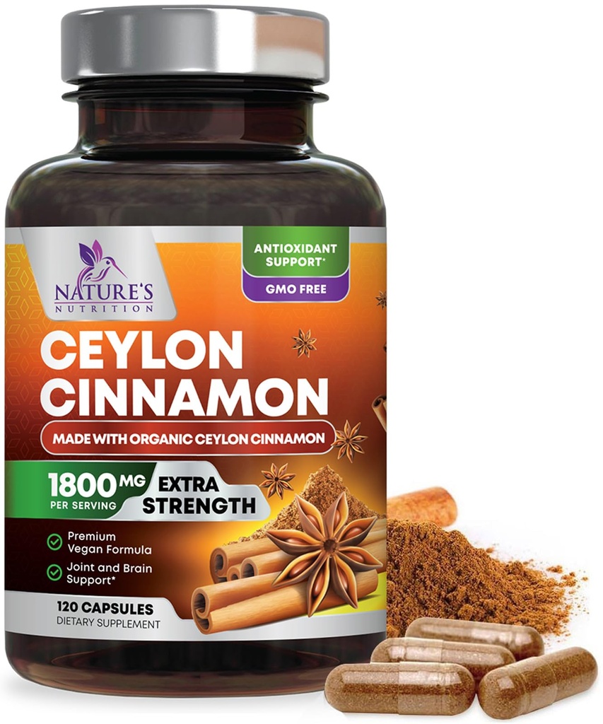 Organic Ceylon Cinnamon Supplement 1800 mg - Certificeret Organic Ceylon Cinnamon Powder Pills - Energy & Heart Support for Women & Men, Flasket i USA, Antioxidant, Gluten Free, Non- GMO - 120 Kapsler