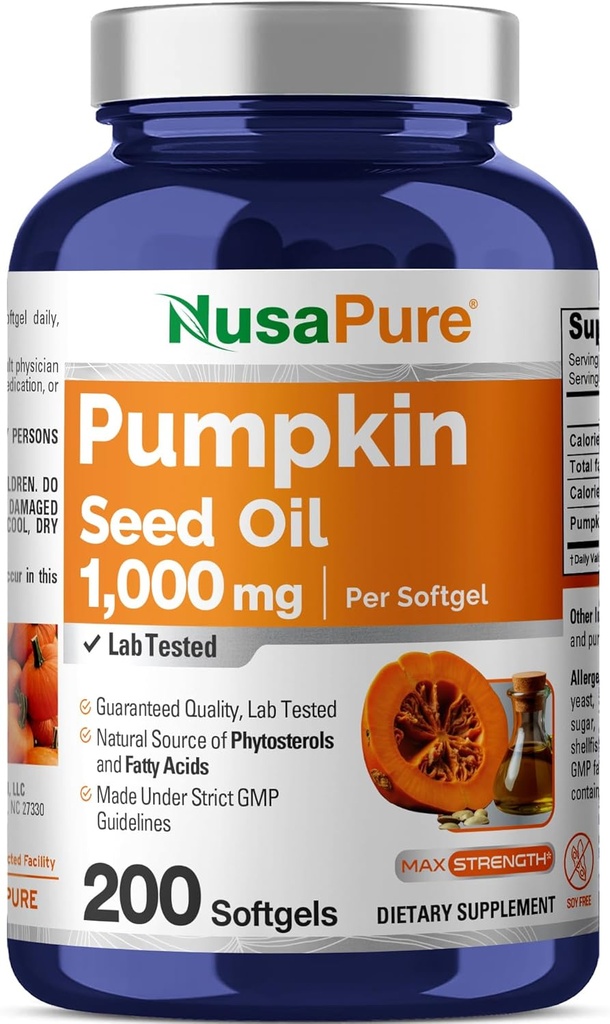 NusaPure Pumpkin Seed Oil 1000mg 200 Softgel Capsules (Non-GMO, Soyfree) Naturally Occurring Phytosterols