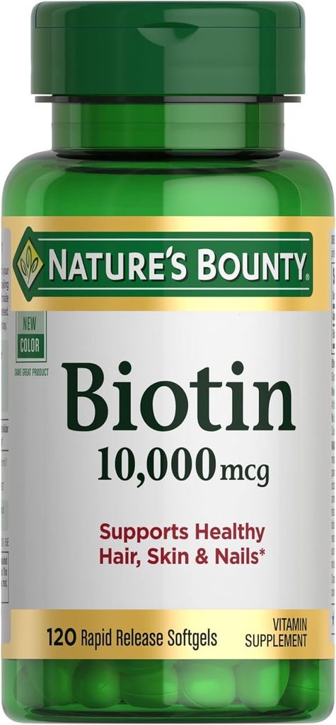 Nature's Bounty Biotin Hair Skin and Nails Vitamins, Supports Healthy Hair, Skin and Nails, 10,000 mcg, 120 Softgels (Pack of 1)