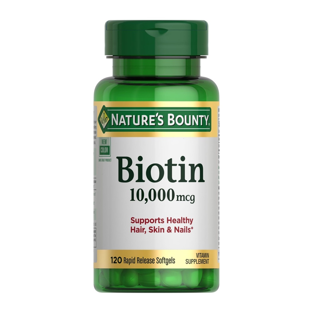 Naturens Bounty Biotin Hår Hud og negle Vitaminer, Understøtter sundt hår, hud og negle, 10.000 mcg, 120 Softgels (Pack of 1)