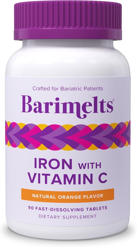Barimelts Jern med C-vitamin, 90 Fast- Opløsning Tablets (1-Måned Supply), Sugar- Free Bariatric Jern Supplement til Kvinder, Natural Orange Flavor