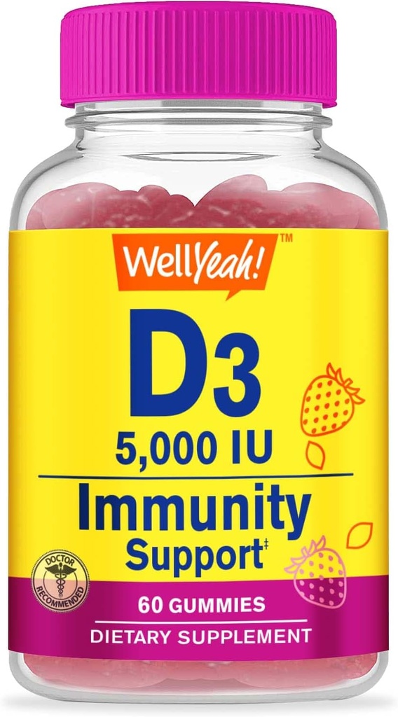 WellYe vitamin D3 5000 IE (125 mcg) Ekstra anstrengende gummier - for ben sundhed, immunbooster, ben og tænder støtte - ikke GMO, gluten fri, nut fri, vegetar -jordbær flavor -60 gummier