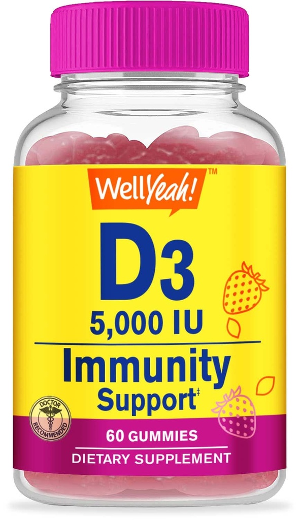 WellYe vitamin D3 5000 IE (125 mcg) Ekstra anstrengende gummier - for ben sundhed, immunbooster, ben og tænder støtte - ikke GMO, gluten fri, nut fri, vegetar -jordbær flavor -60 gummier