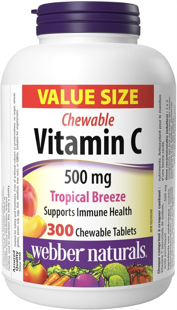 Webber Naturals Vitamin C, 300 Chewable Tropical Breeze Flavor Tablets, 500 mg C-vitamin Per Tablet, Bones, Tænder, Immun og Antioxidant Support, Ikke GMO, Dairy & Gluten Free