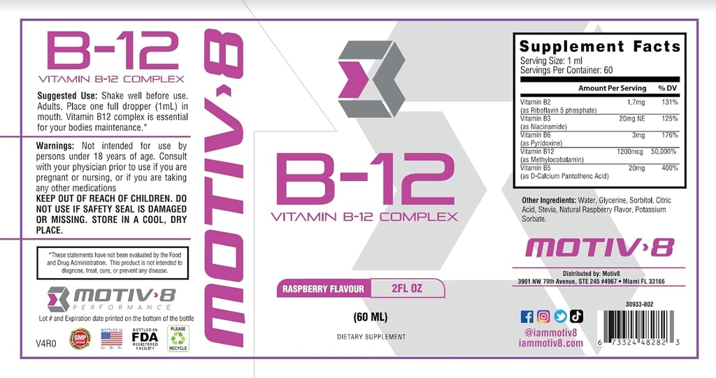 Motiv- 8 Essentials B- 12 dråber, Sublingual, Let at tage flydende supplement, understøtter Eye Sundhed, hjerne energi, nervesystemet, kognition & hukommelse (60 Servere, Hindbær)