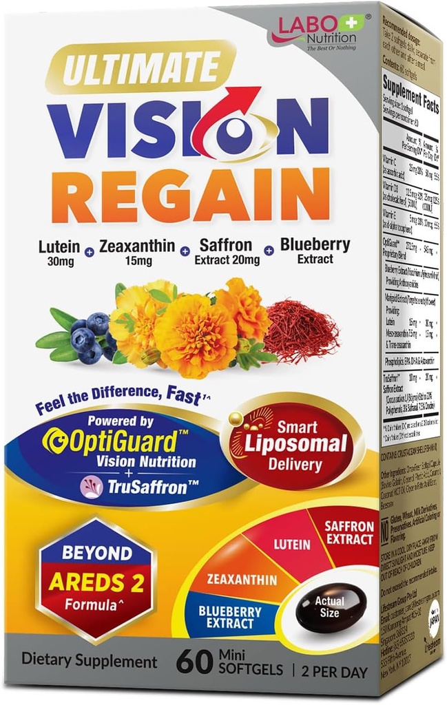 Labo Nutrition Ultimate VisionREGANY, Eye Vitamin Beyond AREDS 2 Formel med Lutein, Zeaxanthin, Saffron Extract, Blåbær til Macular og retinal sundhed, Eye Træthed, Night Vision Support 60 Counts