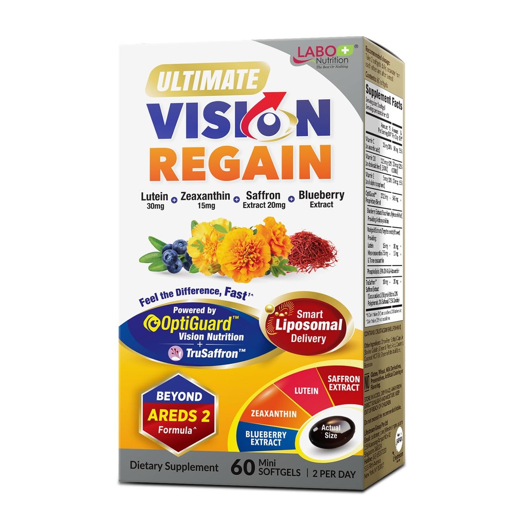 Labo Nutrition Ultimate VisionREGANY, Eye Vitamin Beyond AREDS 2 Formel med Lutein, Zeaxanthin, Saffron Extract, Blåbær til Macular og retinal sundhed, Eye Træthed, Night Vision Support 60 Counts