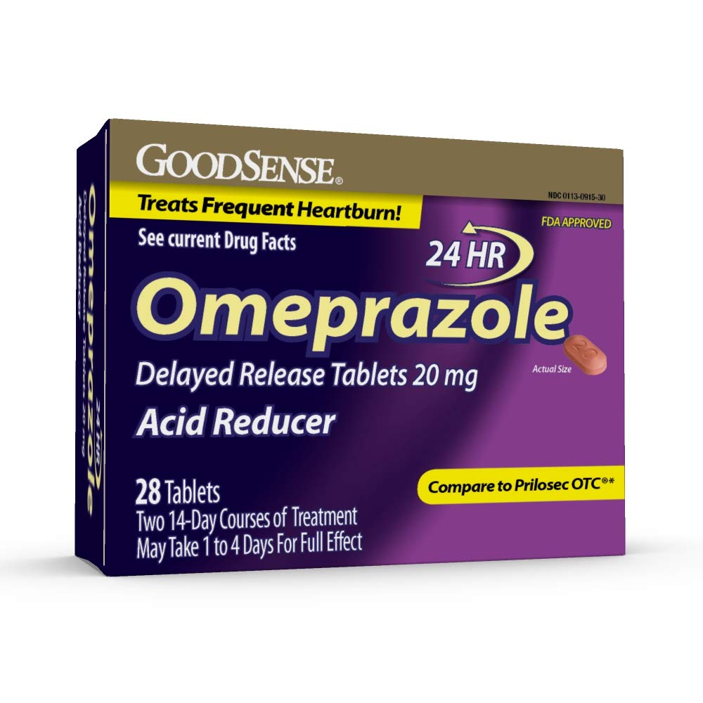 GoodSense Omeprazol Forsinkede tabletter 20 mg, syrereduktion, Treats Hyppig Heartburn, 28 Tæl