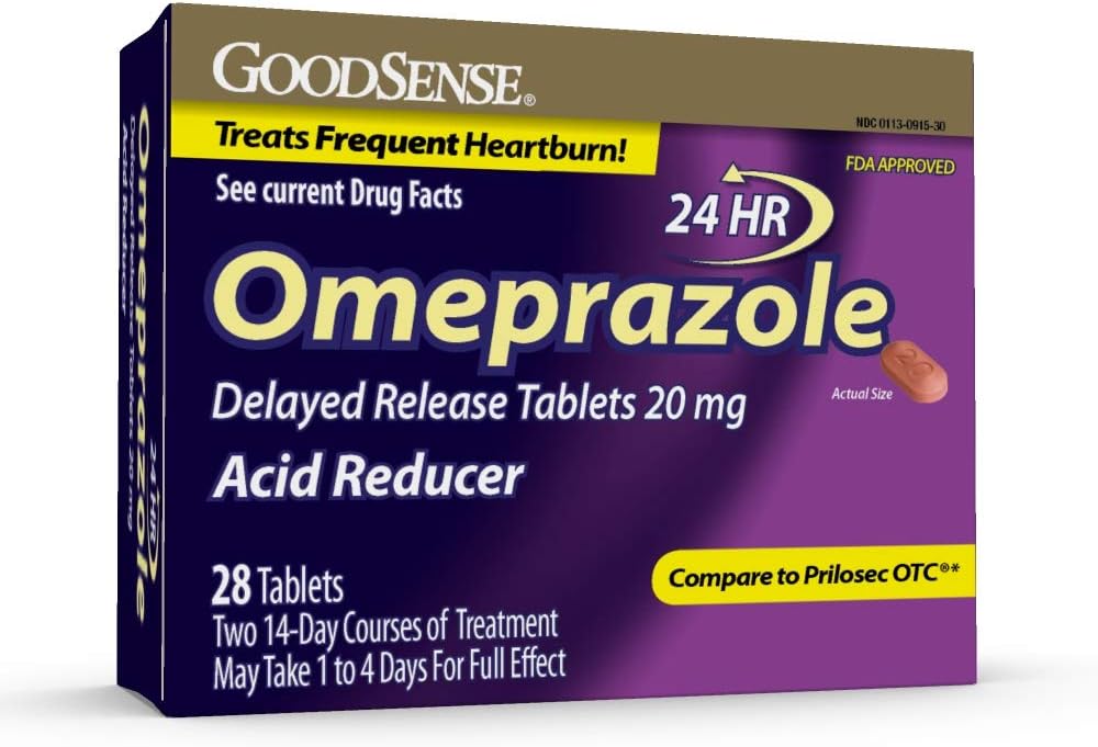 GoodSense Omeprazol Forsinkede tabletter 20 mg, syrereduktion, Treats Hyppig Heartburn, 28 Tæl