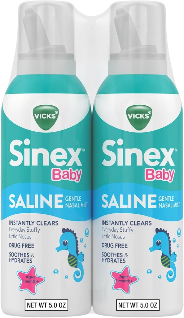Vicks Sinex Baby Saline Nasal Spray, Drug Free Gentle Nasal Mist, Straks Clears Everyday Stuffy Little Noses, Soothes & Hydrates, Safe For Daily Use, Gentle For All Age, 5 OZ x 2