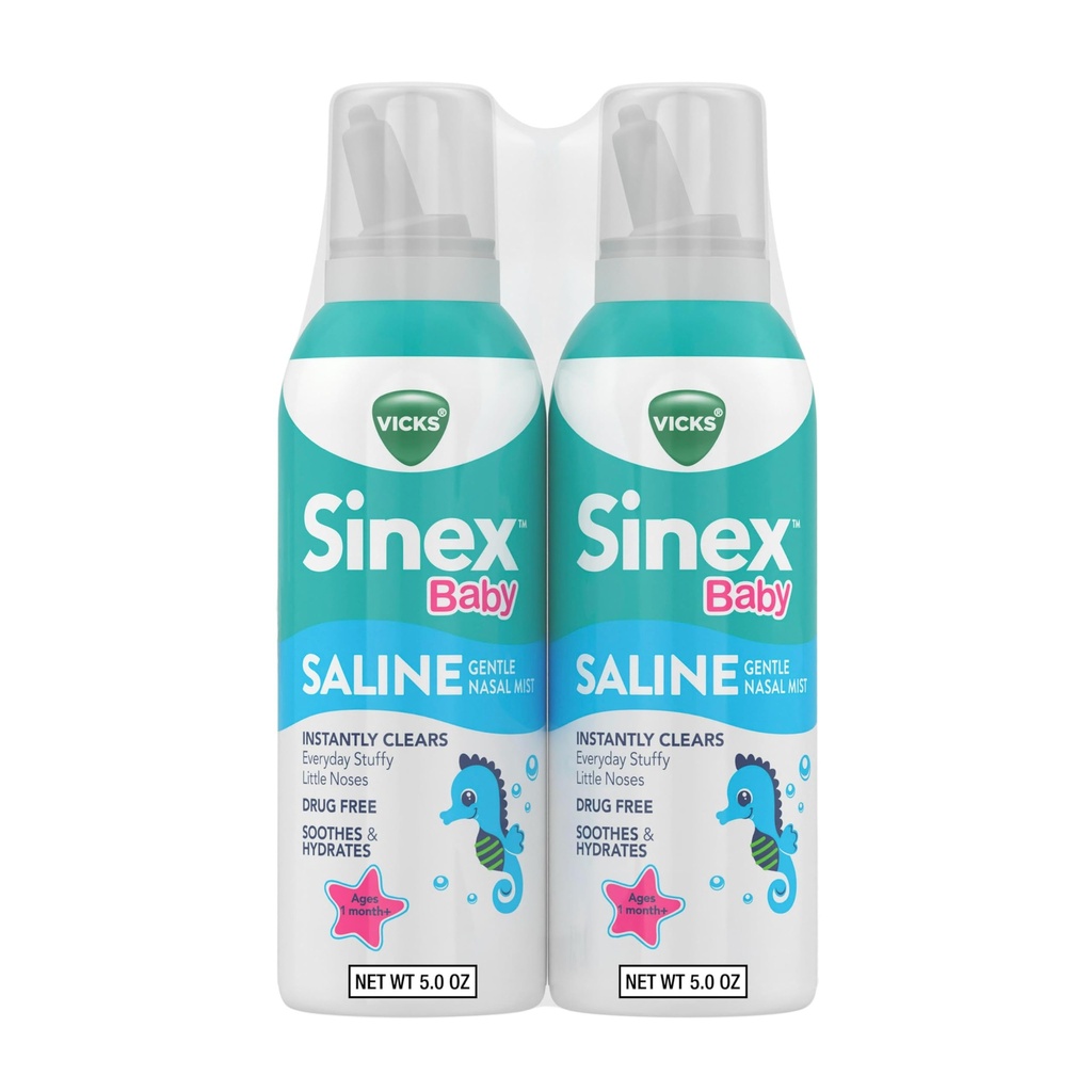 Vicks Sinex Baby Saline Nasal Spray, Drug Free Gentle Nasal Mist, Straks Clears Everyday Stuffy Little Noses, Soothes & Hydrates, Safe For Daily Use, Gentle For All Age, 5 OZ x 2