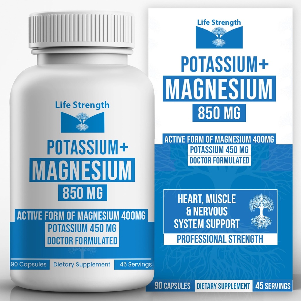 Life Strength Magnesium Kalium Complex Supplement - 90 Kapsler - Høj Absorption Magnesium Support Vaskulære Sundhed & Ben Cramp