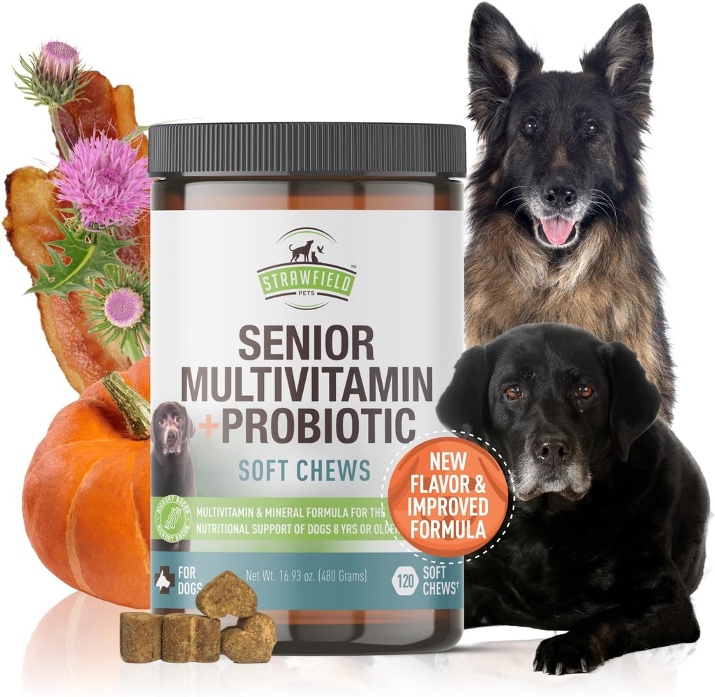 Strawfield Kæledyr Senior Multivitamin + Probiotika til hunde med mælk tidsel fælles supporttillæg til hunde Bacon Flavor 120 Soft Chews