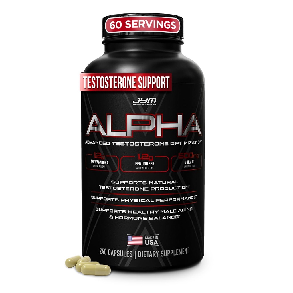 Alpha JYM X Advanced Hormone Optimization, Vitality, Optimization, DHEA, Ashwagandha, Boron, Shilajit, Fenugreek, Eurycoma, Damiana, Quercetin, DIM, JYM Supplemental Science, 240 Kapsler