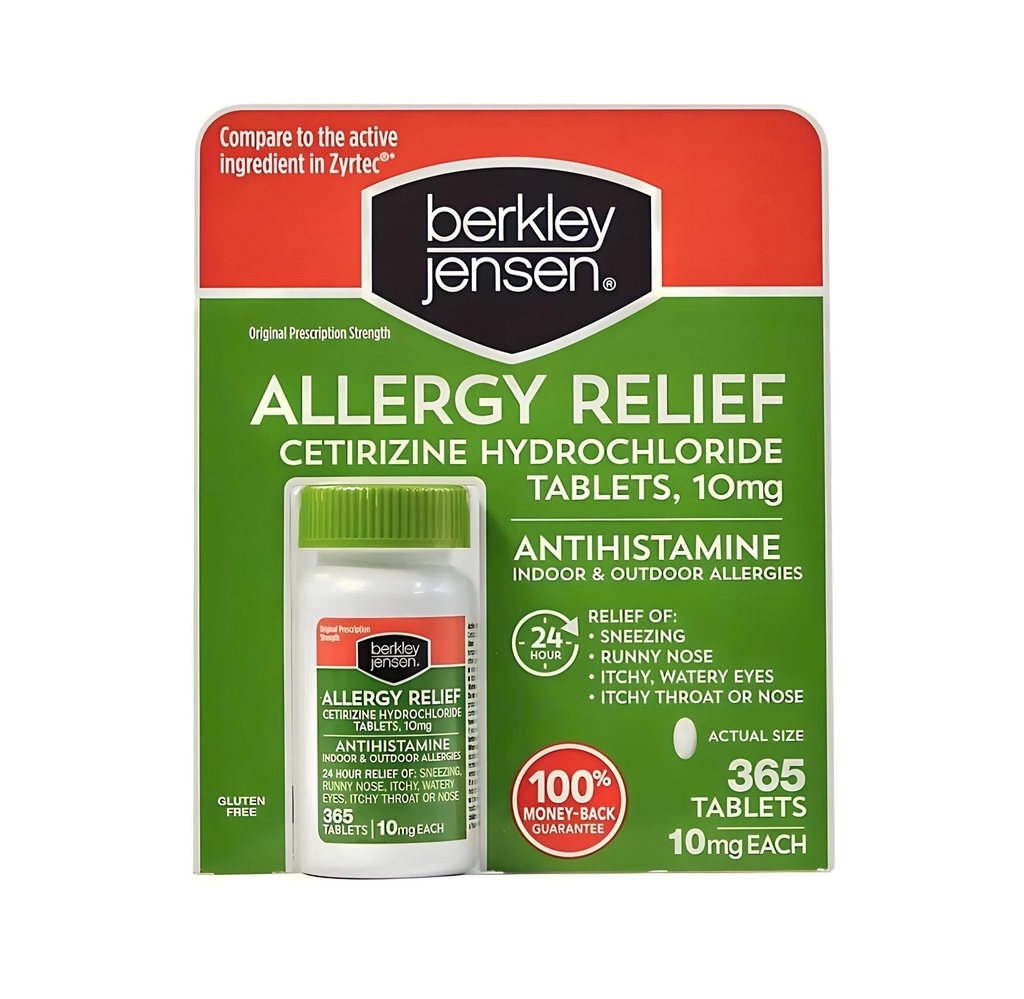 berkley jensen 24 timers allergilindring (365- Count), 10 mg Cetirizine Hydrochloride Antihistamin - Hurtig allergimedicin til indendørs og udendørs allergier, Easy- Swallow tabletter, Sammenlign med Zyrtec