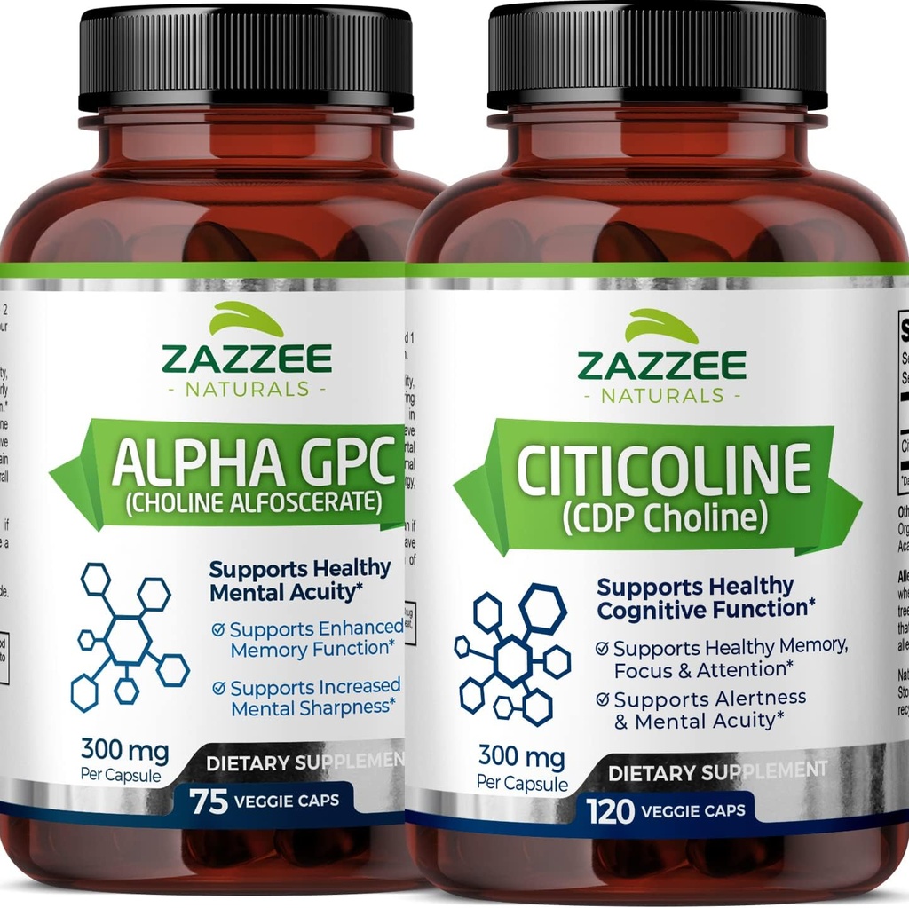 Zazzee Citicolin CDP Cholin Kapsler og Alpha GPC Cholin Kapsler