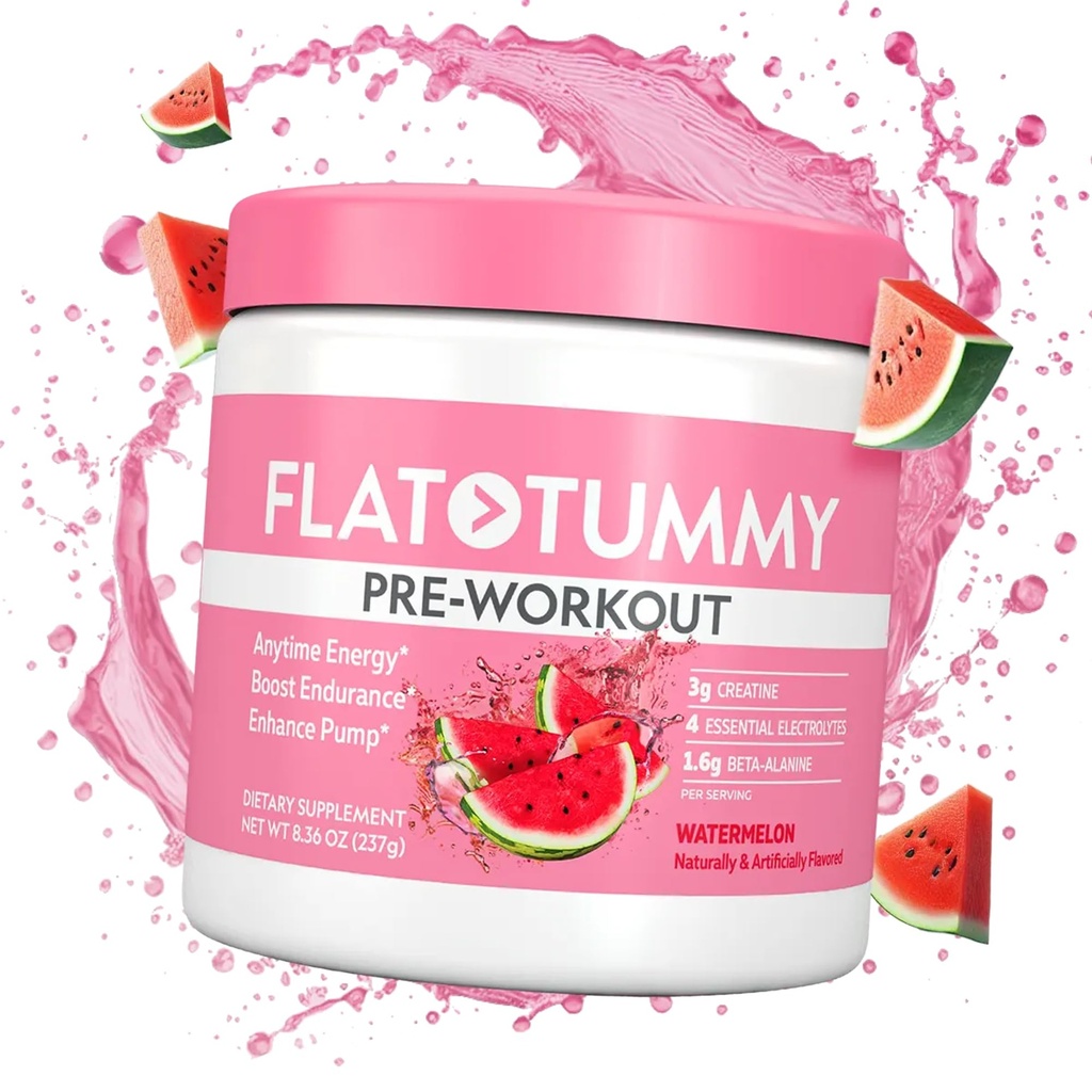 Flad Tummy Pre Workout pulver til kvinder - Energi, Endurance og Muscle Support med 3g Creatin, 1,6 g Beta- Alanine, Elektrolytes - Watermelon Flavor - 30 Servering