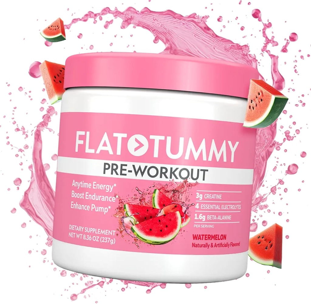 Flad Tummy Pre Workout pulver til kvinder - Energi, Endurance og Muscle Support med 3g Creatin, 1,6 g Beta- Alanine, Elektrolytes - Watermelon Flavor - 30 Servering