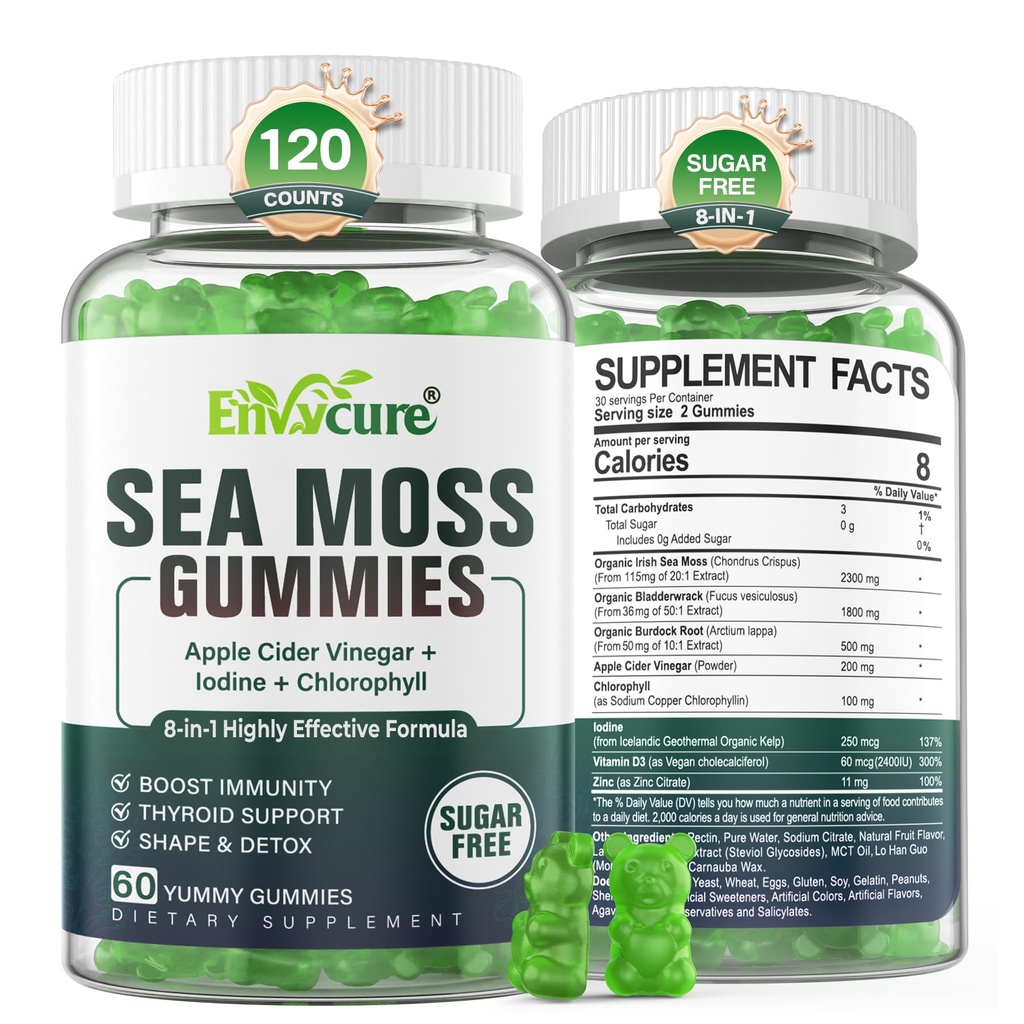 Sea Moss Gummies Sugar- Free, Extra Strength Irish Moss Gel Supplement med jod, Chlorophyll, Ufiltreret ACV, D3, Burdock Root, Bladderwrack til immunforsvar, fordøjelsesbesvær, hud, hår, Det Mexx, Vegan, 2Pack
