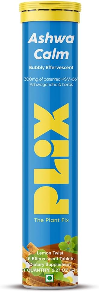 PLIX - PLANT FIX KSM- 66 Ashwagandha 300mg Effervescent Kosttilskud til Stress, Mood & Energy Support med vitamin D3 & Brahmi - 15 Vegan, Non- GMO, Glutenfri tabletter, pakke med 1