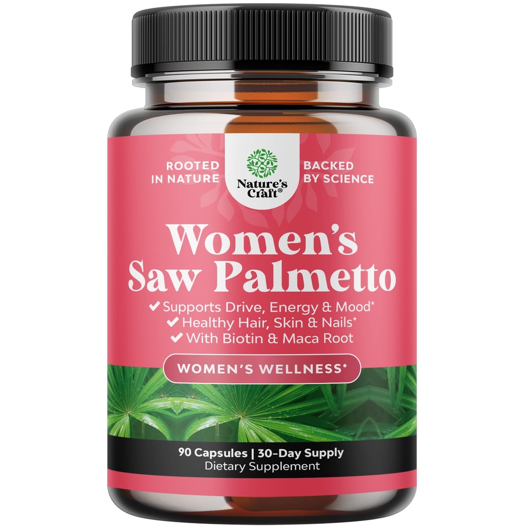 Extra Strength Saw Palmetto for Women 500mg - DHT Blocker for Women 30- Day Supply - Hår Vitaminer til hårtab supplement - Pure Saw Palmetto Uddrag kapsler med Maca Root & Biotin - 90 Kapsler