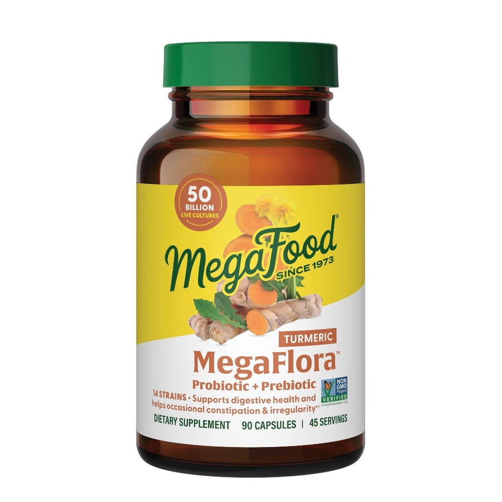 MegaFood MegaFlora Probiotika + Prebiotika Gurkemeje Supplement - Prebiotika og Probiotika til kvinder og mænd, fordøjelsessygdomme, 50 milliarder CFU 'er, 14 Stammer - 90 kapsler (45 Servere)