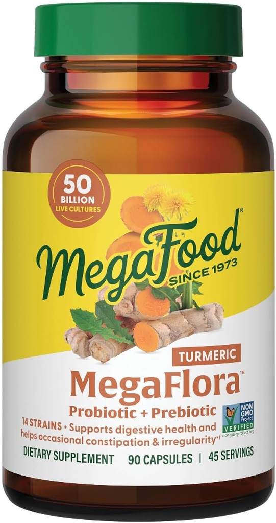 MegaFood MegaFlora Probiotika + Prebiotika Gurkemeje Supplement - Prebiotika og Probiotika til kvinder og mænd, fordøjelsessygdomme, 50 milliarder CFU 'er, 14 Stammer - 90 kapsler (45 Servere)