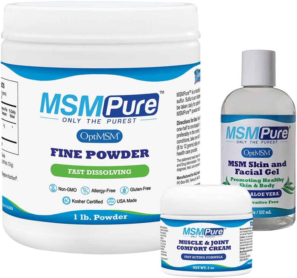 KALA Health MSMPure Starter Bundle med MSM Fine Powder 1lb, MSM Muscle & Joint Cream 2oz og MSM Gel med Organic Aloe 8oz