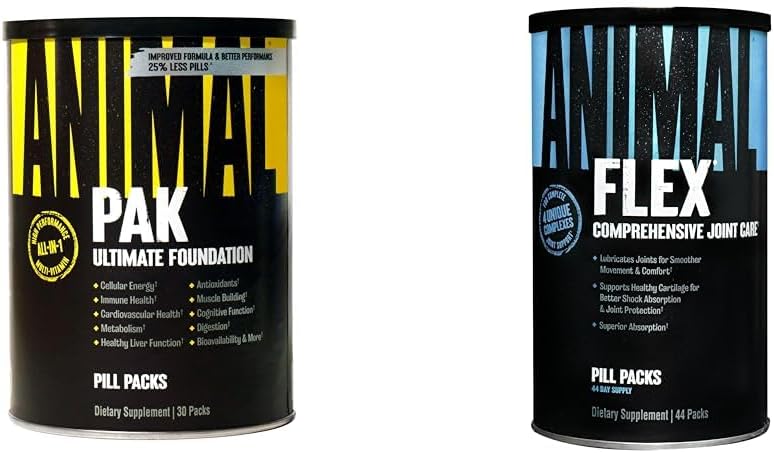 Animal Pak - Praktisk All- in- One Vitamin & Supplement Pack & Flex - Komplet fælles supporttillæg - Indeholder gurkemeje Root Curcumin - Hjælper med at reparere og gendanne Joints - 44 pakker