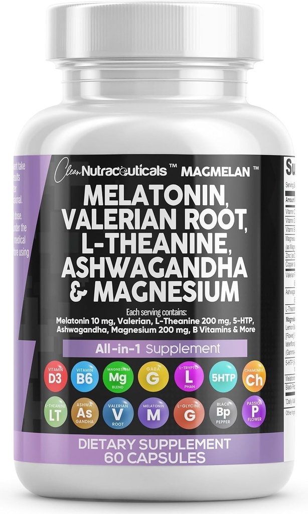 Renere nukleosteroider Melatonin 10mg Valerian Root L Theanine 200mg Ashwagandha - Sovestøtte til kvinder & mænd med Magnesium Complex, Lemon Balm, Kamille, & Passion Flower - 60 Caps