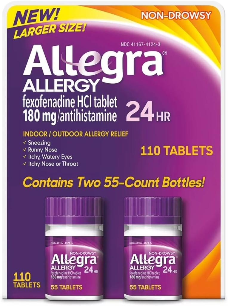 Allegra 24 timers indendørs og udendørs allergy relief 180 mg 55 tabletter, pakke med 2 (110 ct.)