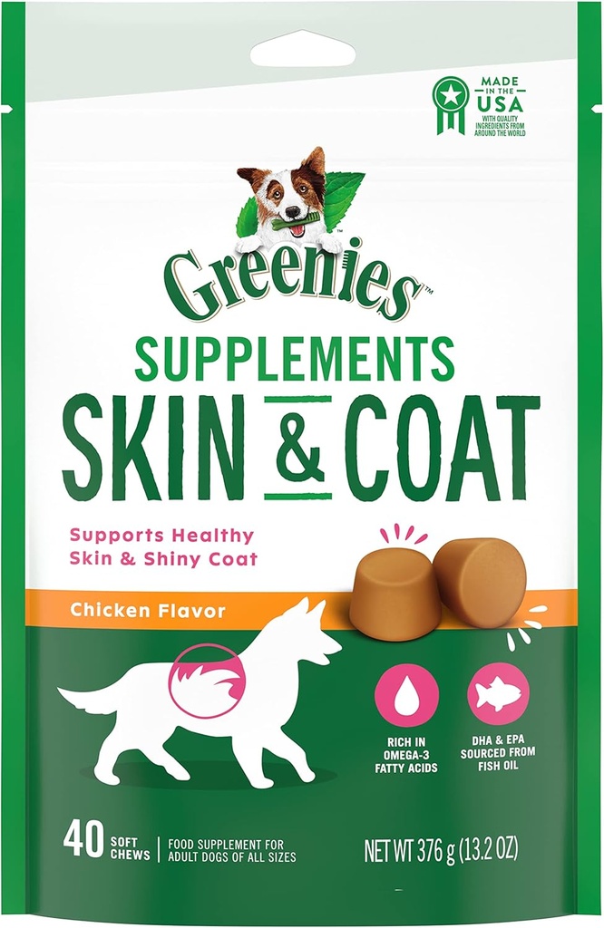 GRØNNE Hud & Coat Kosttilskud med Fish Oil & Omega 3 Fedtsyrer, 40-greve kylling-Flavor Soft Chews til voksne hunde af alle størrelser