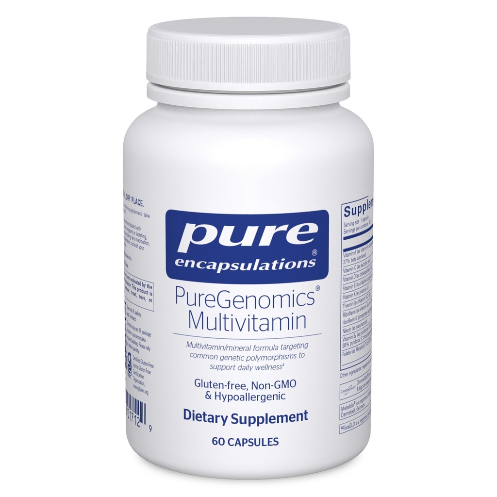 Ren indkapsling PureGenomik Multivitamin - supplement til støtte ernæringsmæssige krav til almindelige genetiske variationer - med vitamin A, B, C, D, E, K & Minerals - 60 kapsler