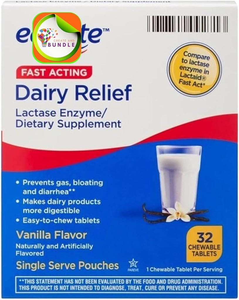 Equate Fast Active Dairy Relief Lactase Enzyme Kosttilskud Vanilla Flavor tyggetabletter Tablets 32 Count (pakke med 1) + CreativeAndBundle Sticker