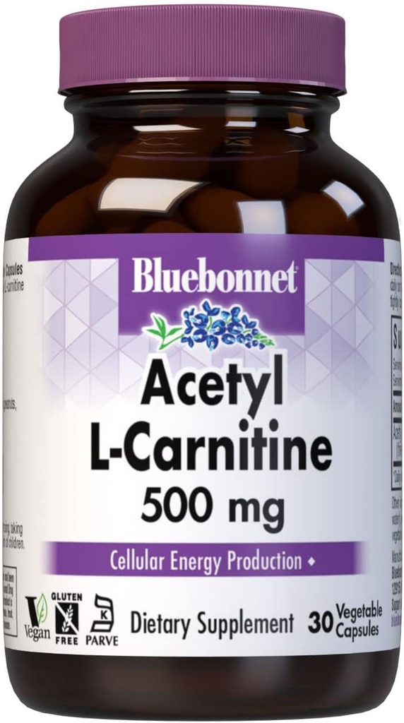 Bluebonnet Nutrition Acetyl L- Carnitin, Transporter Fedtsyrer, Øger cellulær energi, Soja & Gluten- fri, Kosher Certified, Vegan, 30 Vegetabilske kapsler, Hvid, 500mg