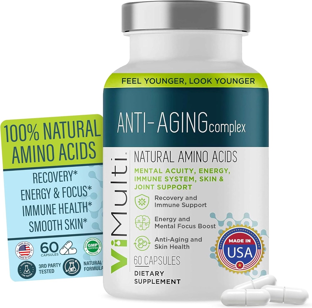 Anti- Aging Natural Aminosyrer Supplement for kvinder & mænd - Understøtter immunforsvar, energi, Smoother Skin Tone, & genoprettende søvn, Anti- Aging Supplement piller for lang levetid, 60 kapsler