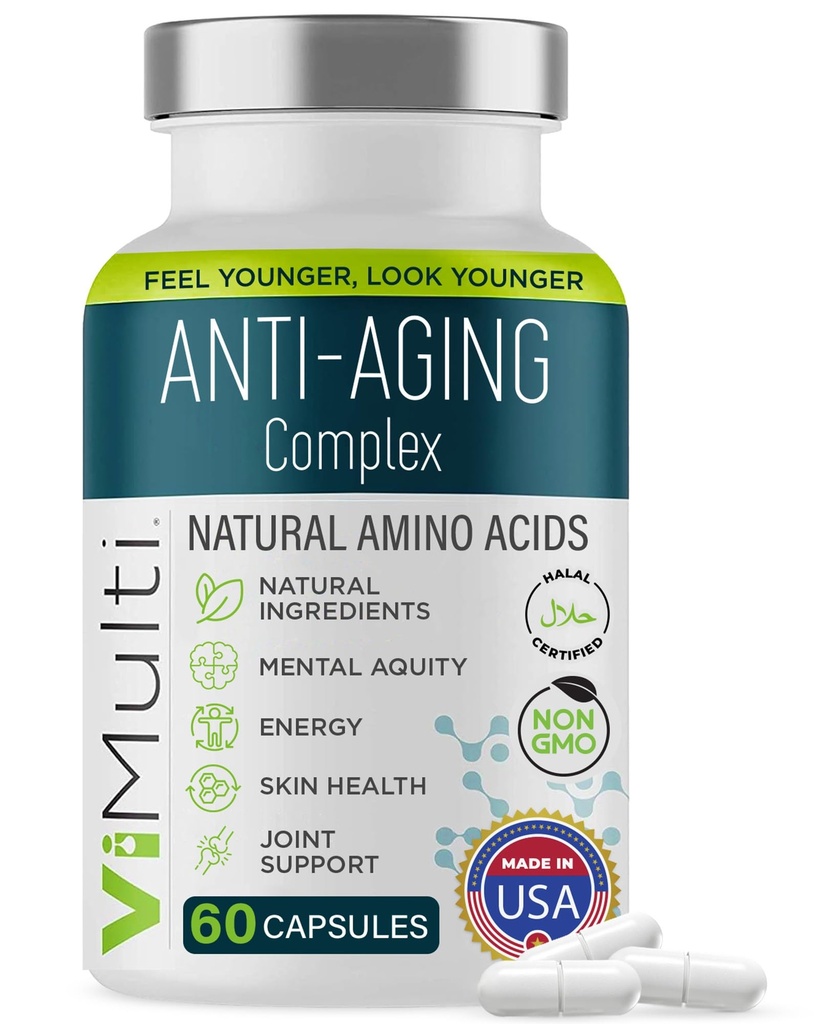 Anti- Aging Natural Aminosyrer Supplement for kvinder & mænd - Understøtter immunforsvar, energi, Smoother Skin Tone, & genoprettende søvn, Anti- Aging Supplement piller for lang levetid, 60 kapsler