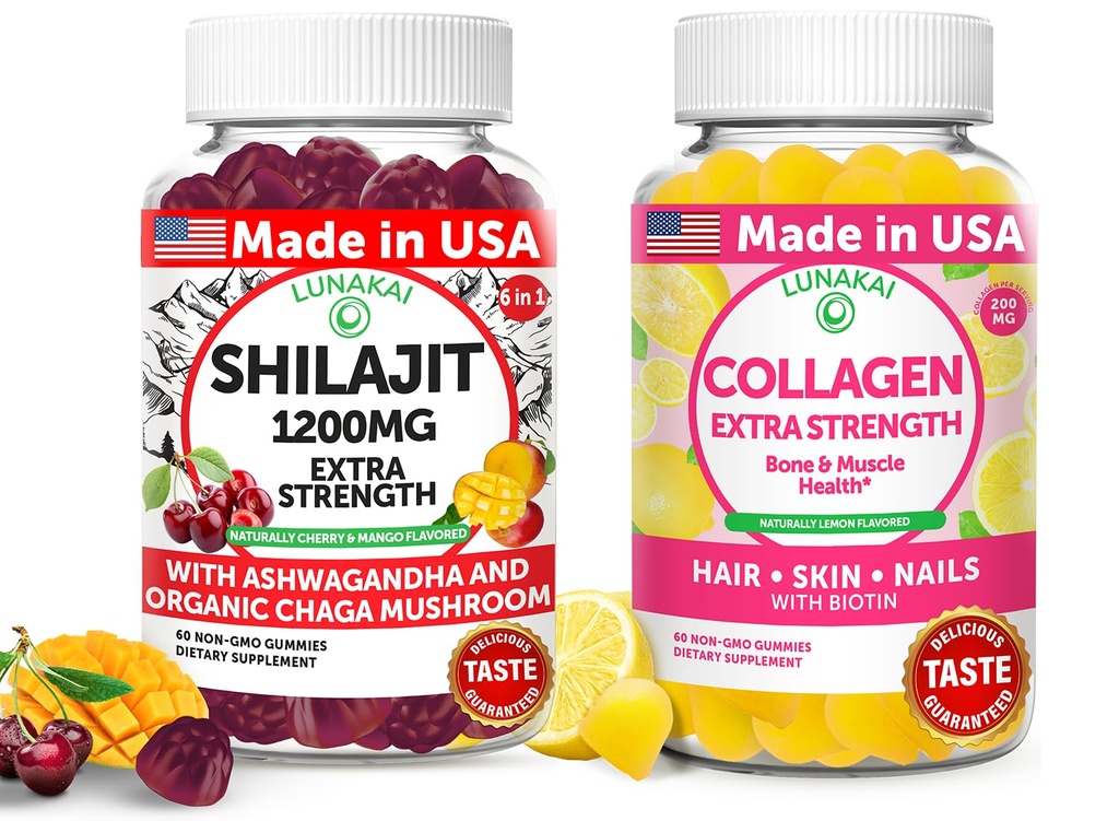 Lunakai USA Made Shilajit & Collagen Extra Strength Gummies Bundle - Energi, Hår, Hud og Nail Support - Lækker & Non- GMO