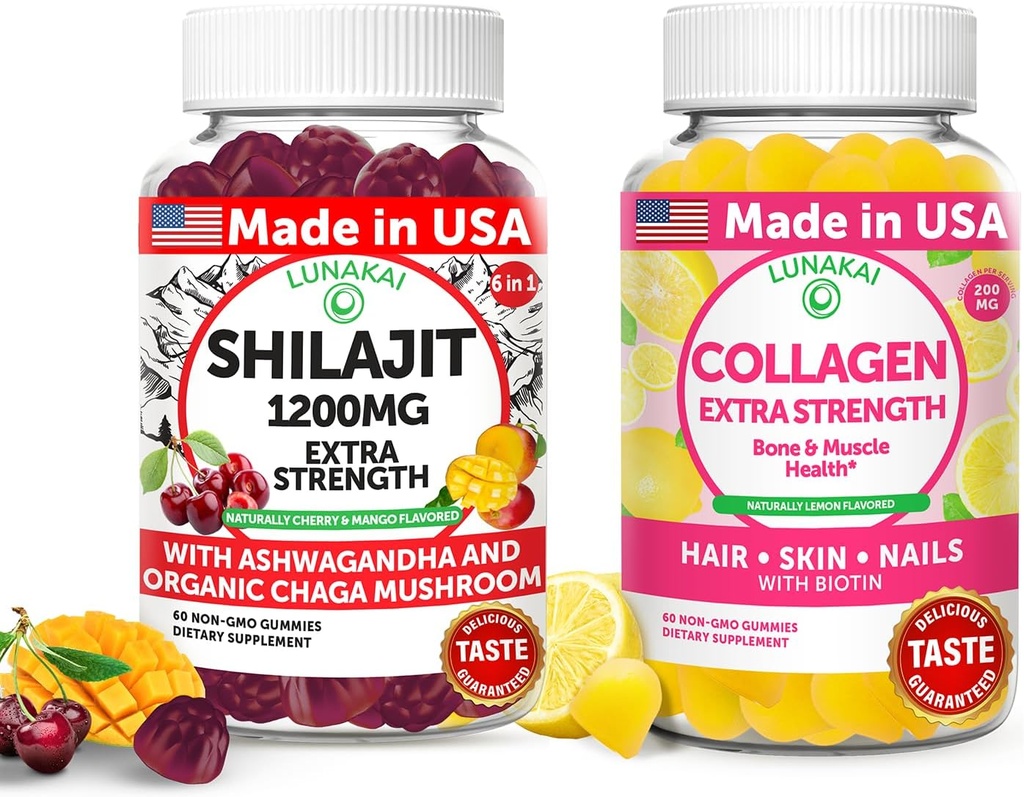 Lunakai USA Made Shilajit & Collagen Extra Strength Gummies Bundle - Energi, Hår, Hud og Nail Support - Lækker & Non- GMO
