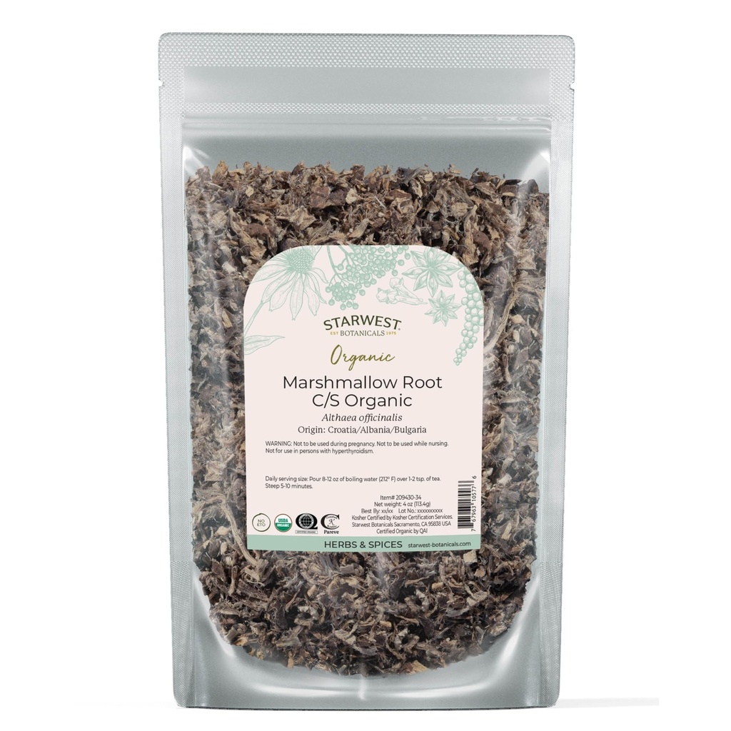 Starwest Botanicals Organic Marshmallow Root - Tørret urt til te, Loose Leaf Root Herb, Cut & Sigted, Certificeret Kosher, Non- GMO - 4 oz Pouch