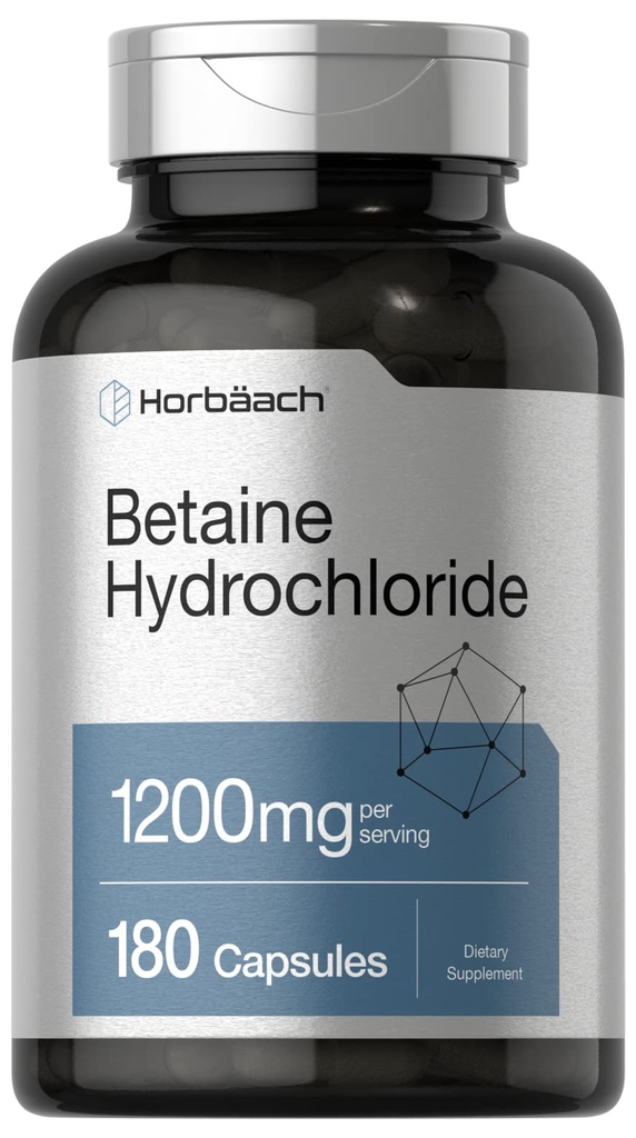 Horbäach Betaine HCl 1200mg | 180 Capsules | Betaine Hydrochloride Supplement | Non-GMO, Gluten Free