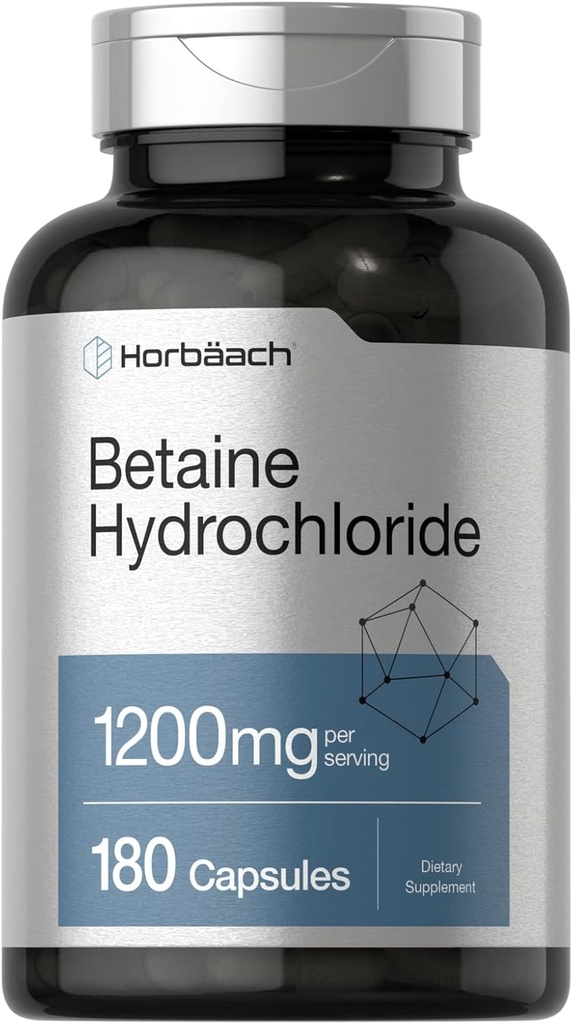 Horbäach Betaine HCl 1200mg | 180 Capsules | Betaine Hydrochloride Supplement | Non-GMO, Gluten Free